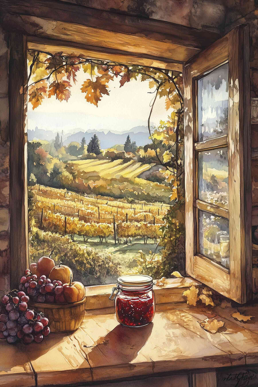 Ventana otoñal sobre viñedo — diseño completo