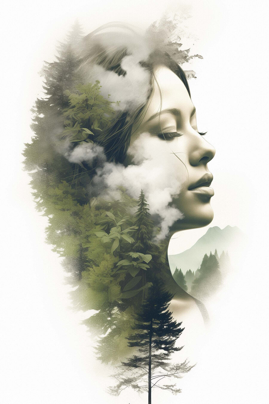 Perfil tranquilo en niebla — diseño completo