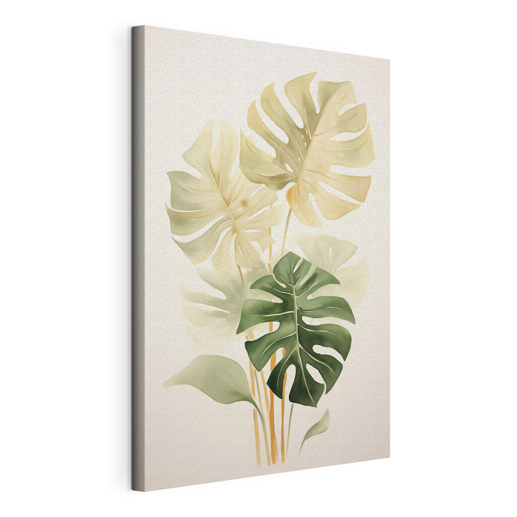 Monstera verde amarillento, lienzo tensado con el borde envolvente