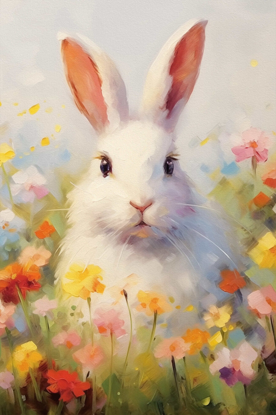 Conejo blanco entre flores — diseño completo