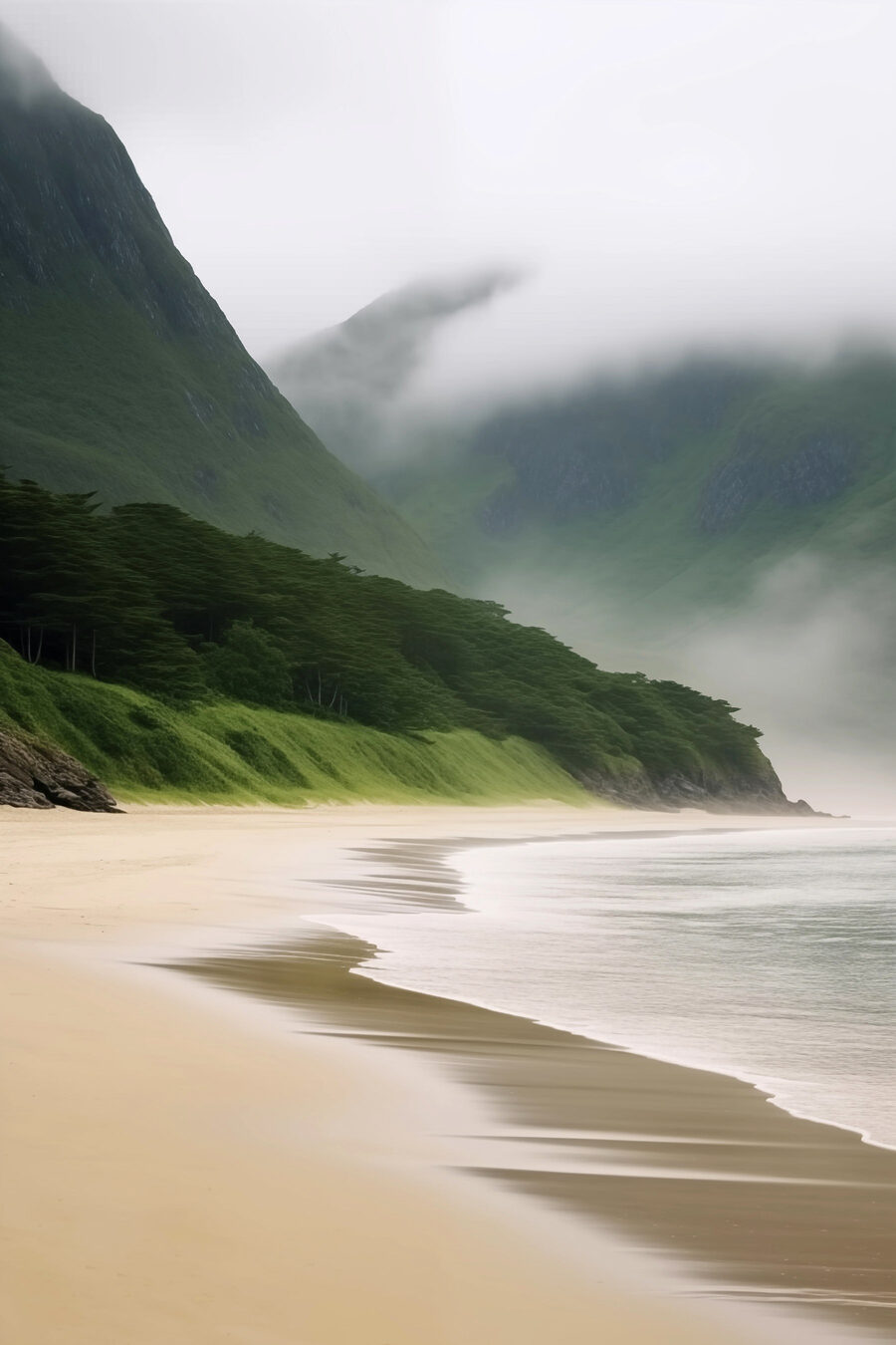 Playa tranquila con niebla — diseño completo