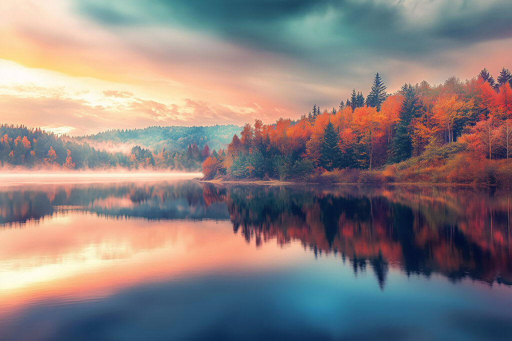 Lago otoñal en silencio — diseño completo