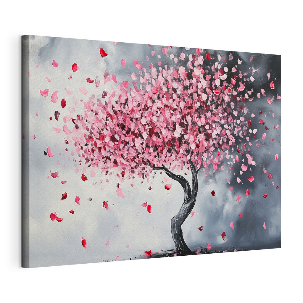Árbol con pétalos rosas, lienzo tensado con el borde envolvente