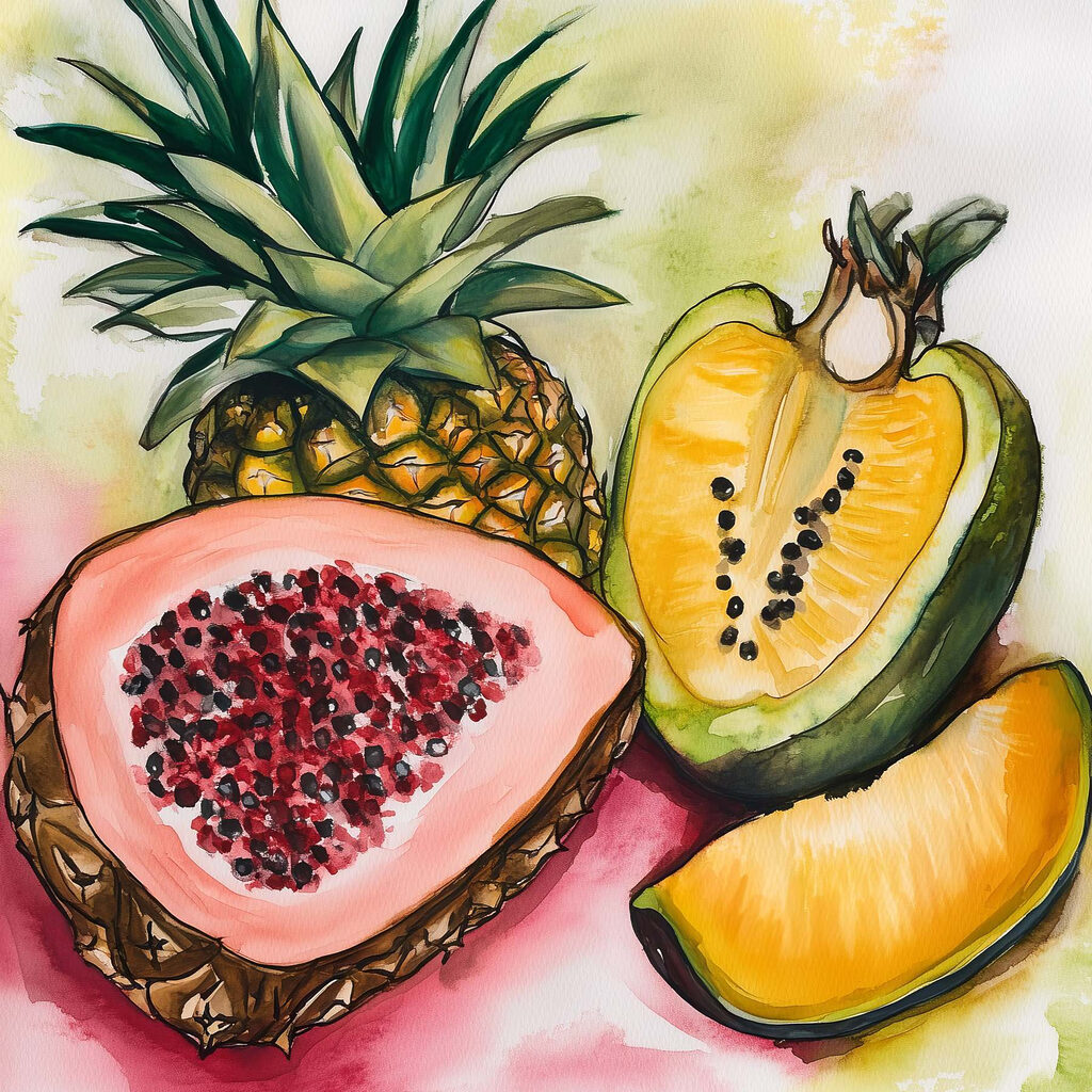 Fruta tropical en acuarela — diseño completo