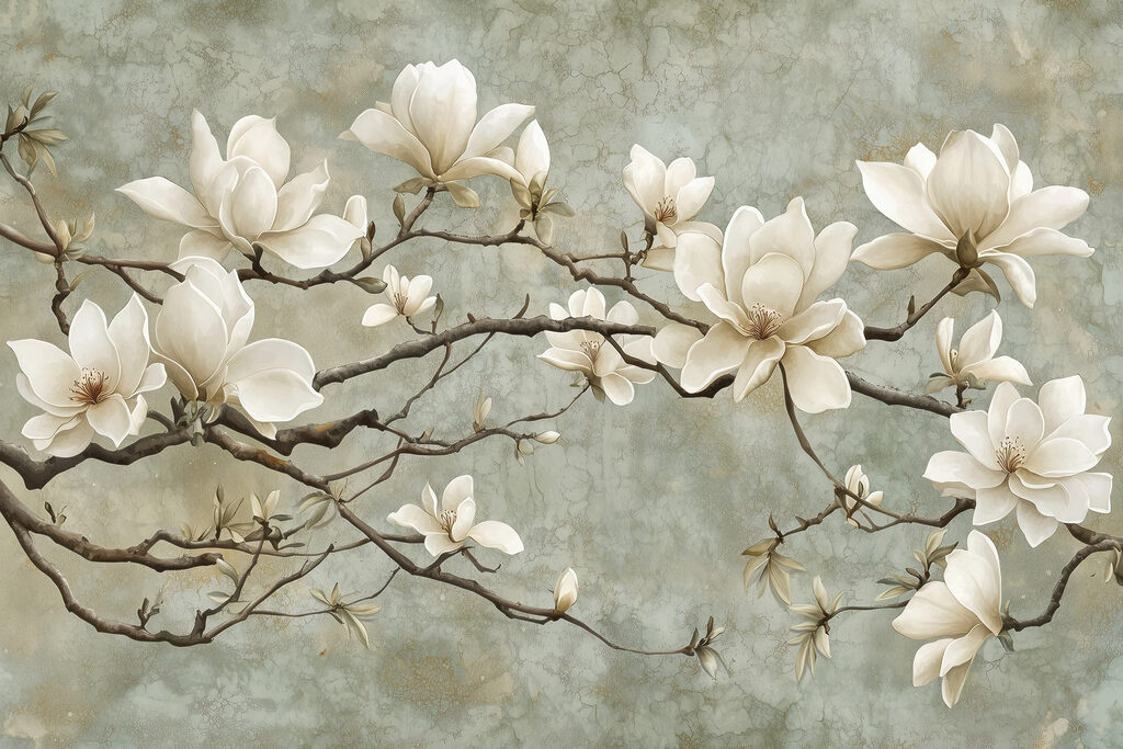 Magnolia sobre ramas grises — diseño completo