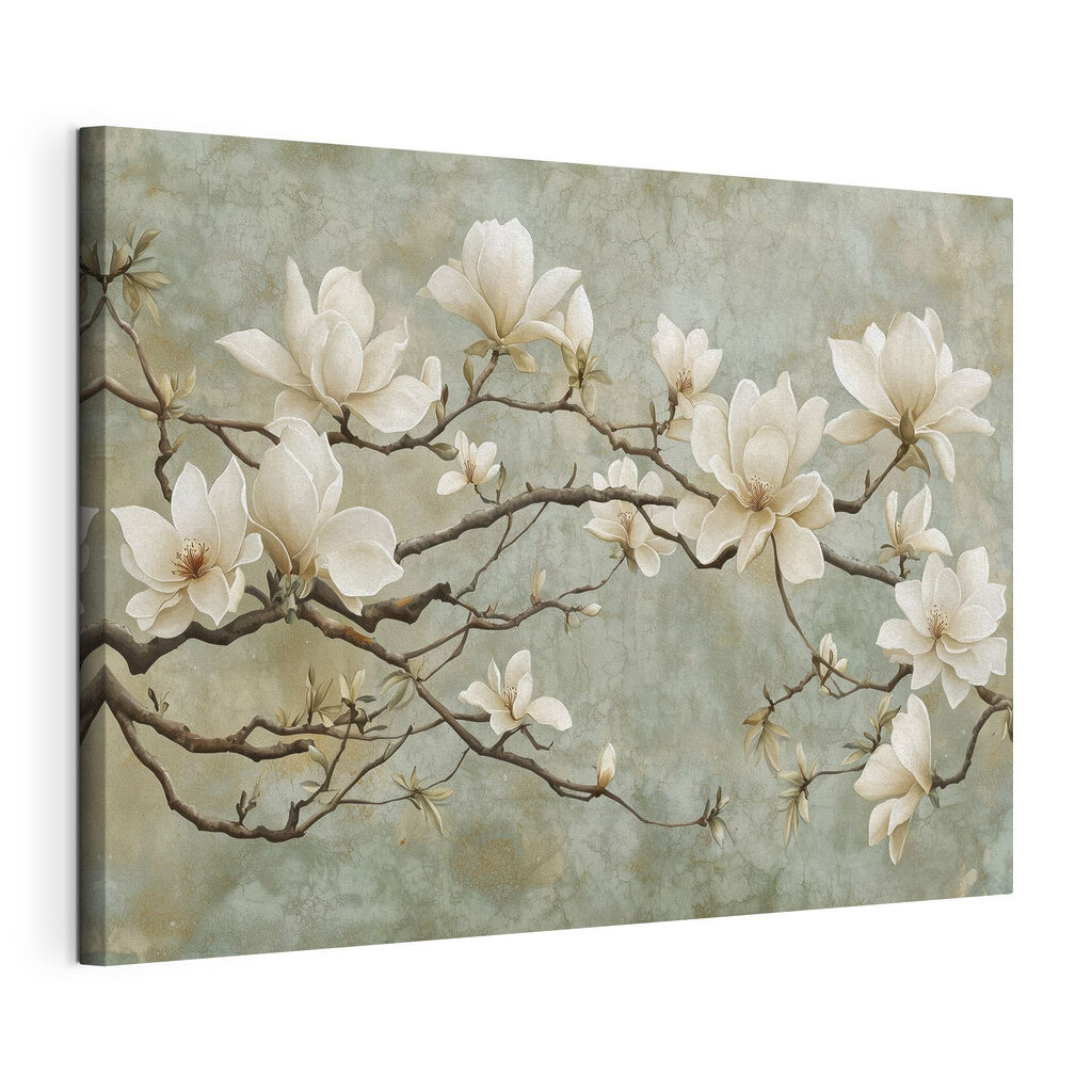Magnolia sobre ramas grises, lienzo tensado con el borde envolvente