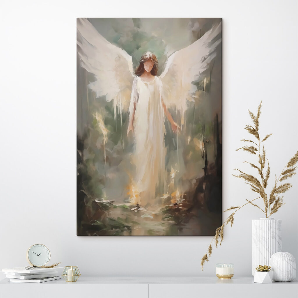 Ángel sobre bosque oscuro en un interior
