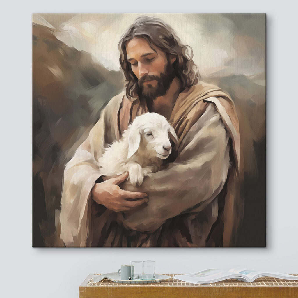 Jesús con cordero blanco en un interior