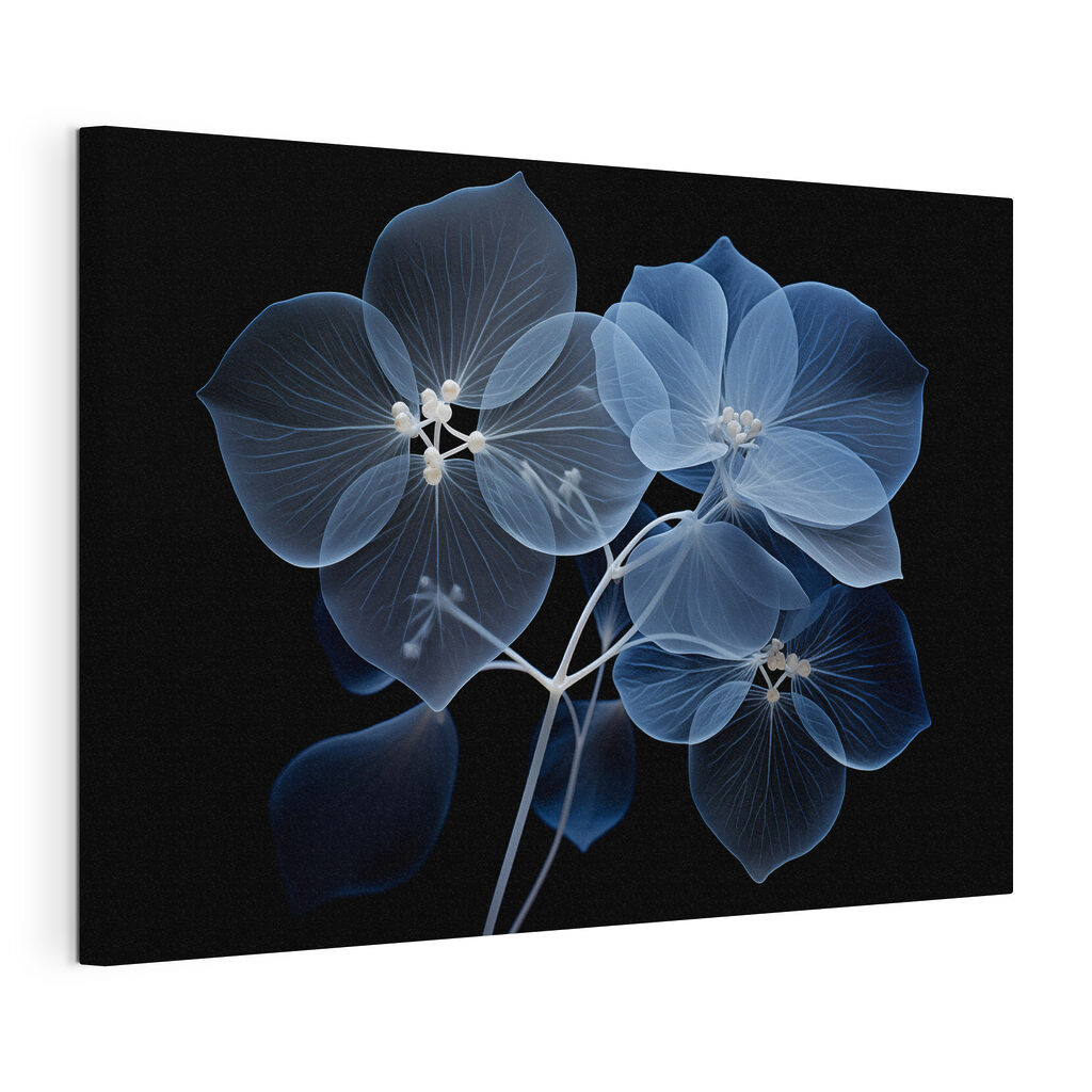 Flores azules luminosas, lienzo tensado con el borde envolvente