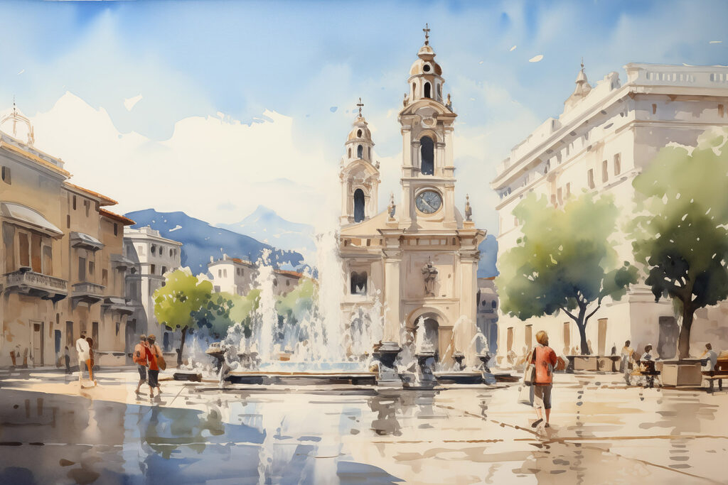 Plaza soleada con torres — diseño completo