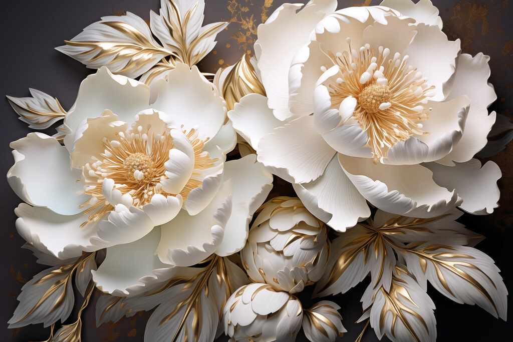 Flores blancas, corazones dorados — diseño completo