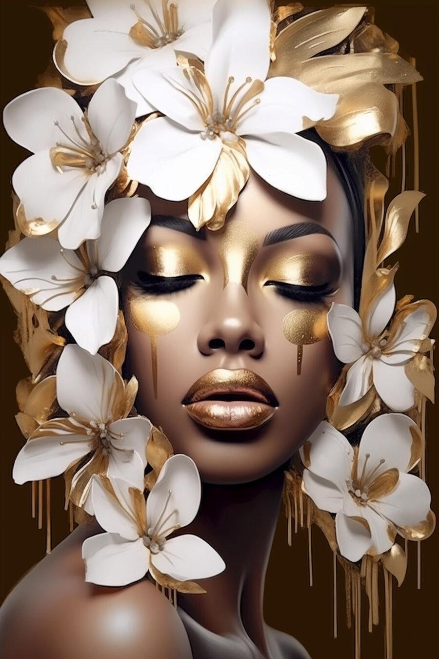 Flores blancas, párpados dorados — diseño completo