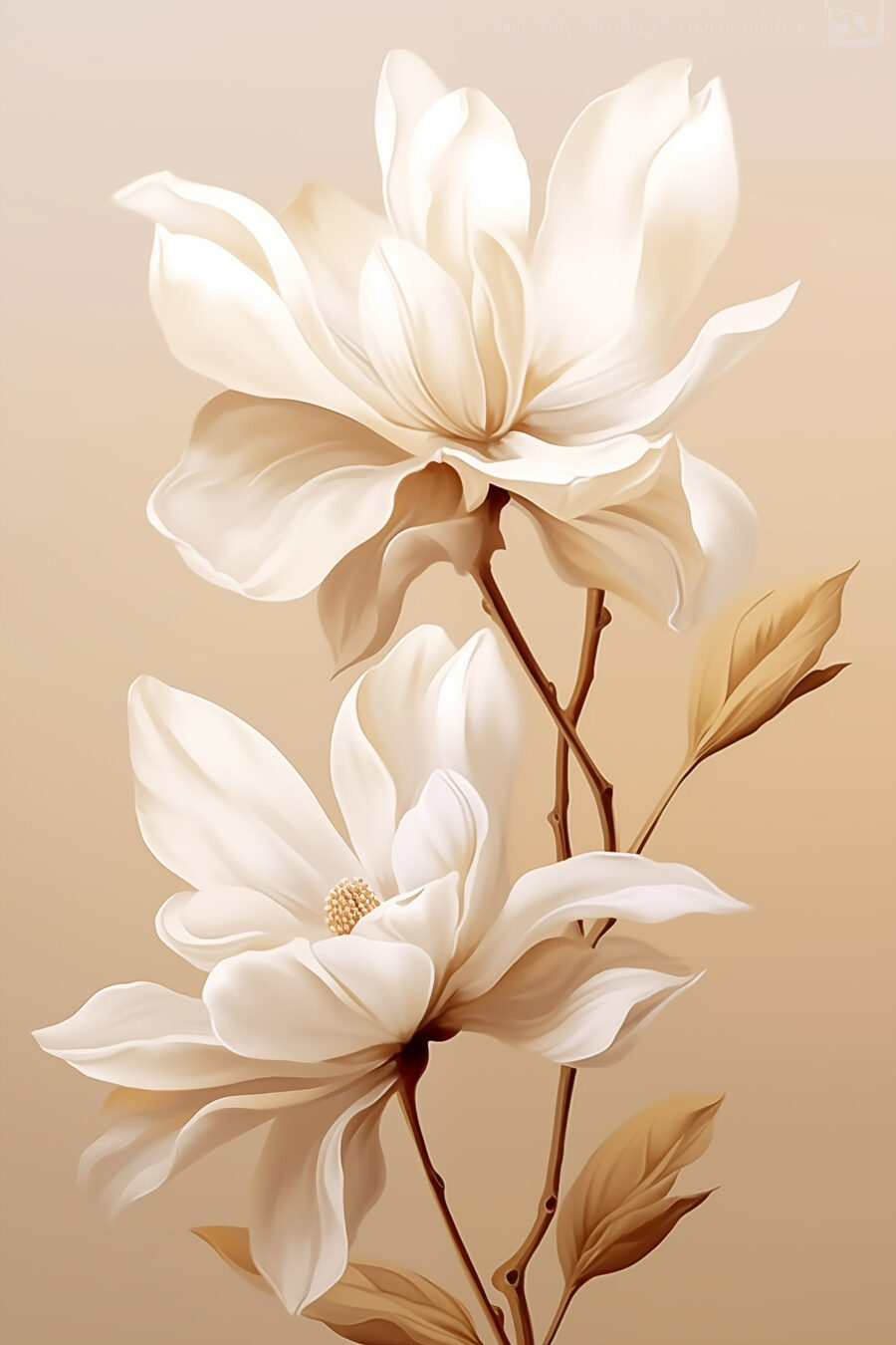 Dos magnolias sobre arena — diseño completo