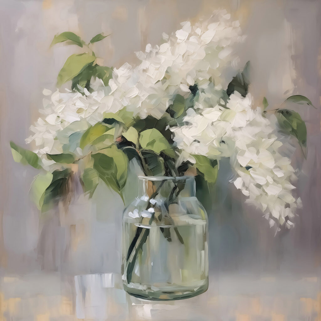 Lilas blancas en cristal — diseño completo