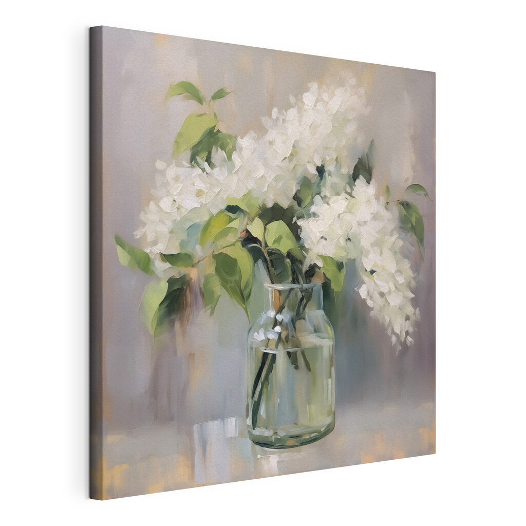 Lilas blancas en cristal, lienzo tensado con el borde envolvente