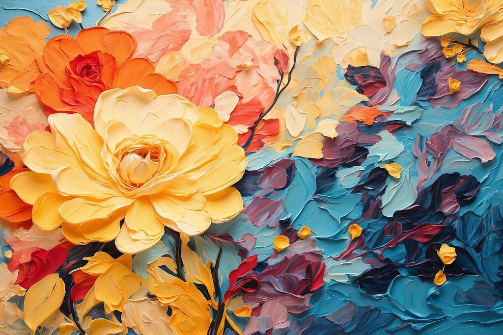 Rosas amarillas entre corales — diseño completo