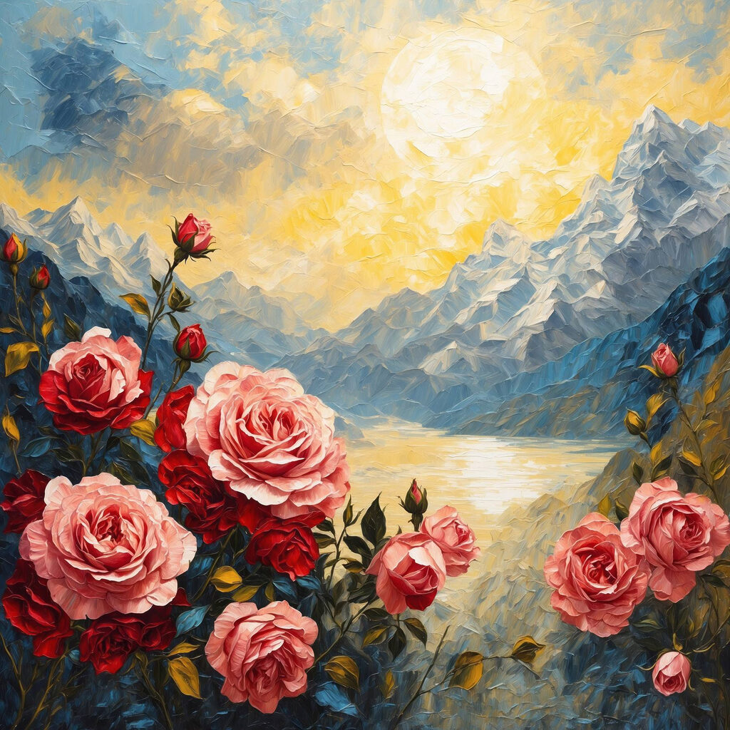 Rosas ante lago montañoso — diseño completo