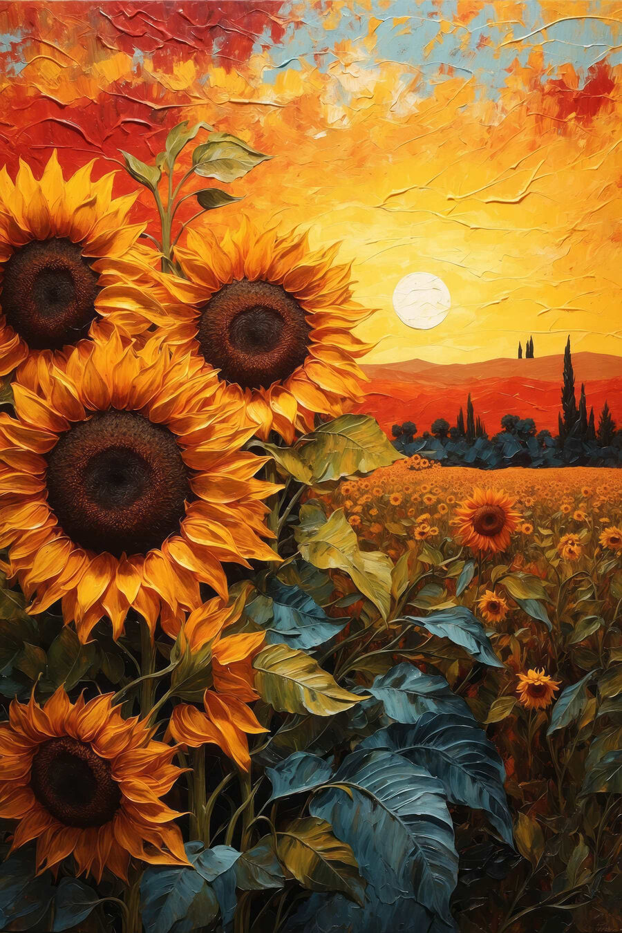 Girasoles grandes al ocaso — diseño completo