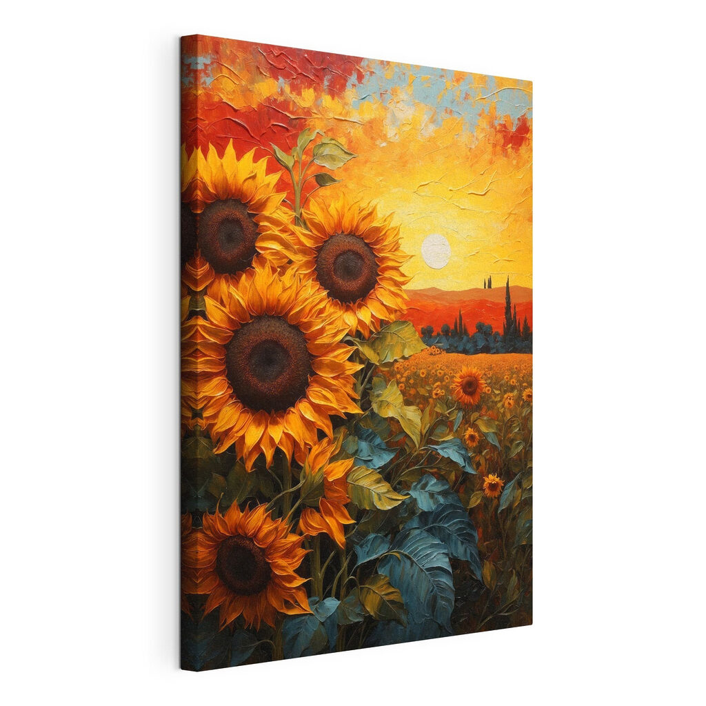 Girasoles grandes al ocaso, lienzo tensado con el borde envolvente