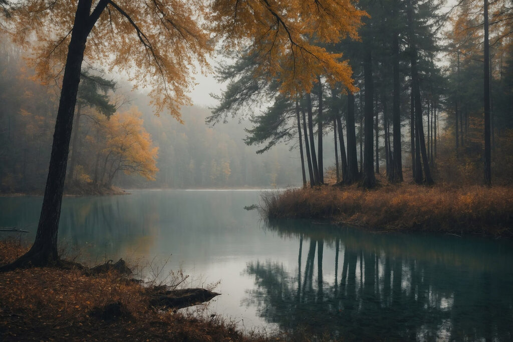 Lago turquesa en otoño — diseño completo