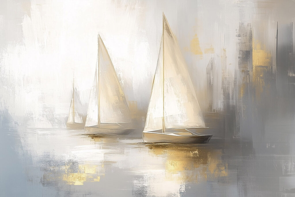 Veleros en niebla luminosa — diseño completo