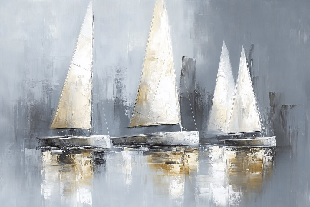Velas ante puerto gris — diseño completo