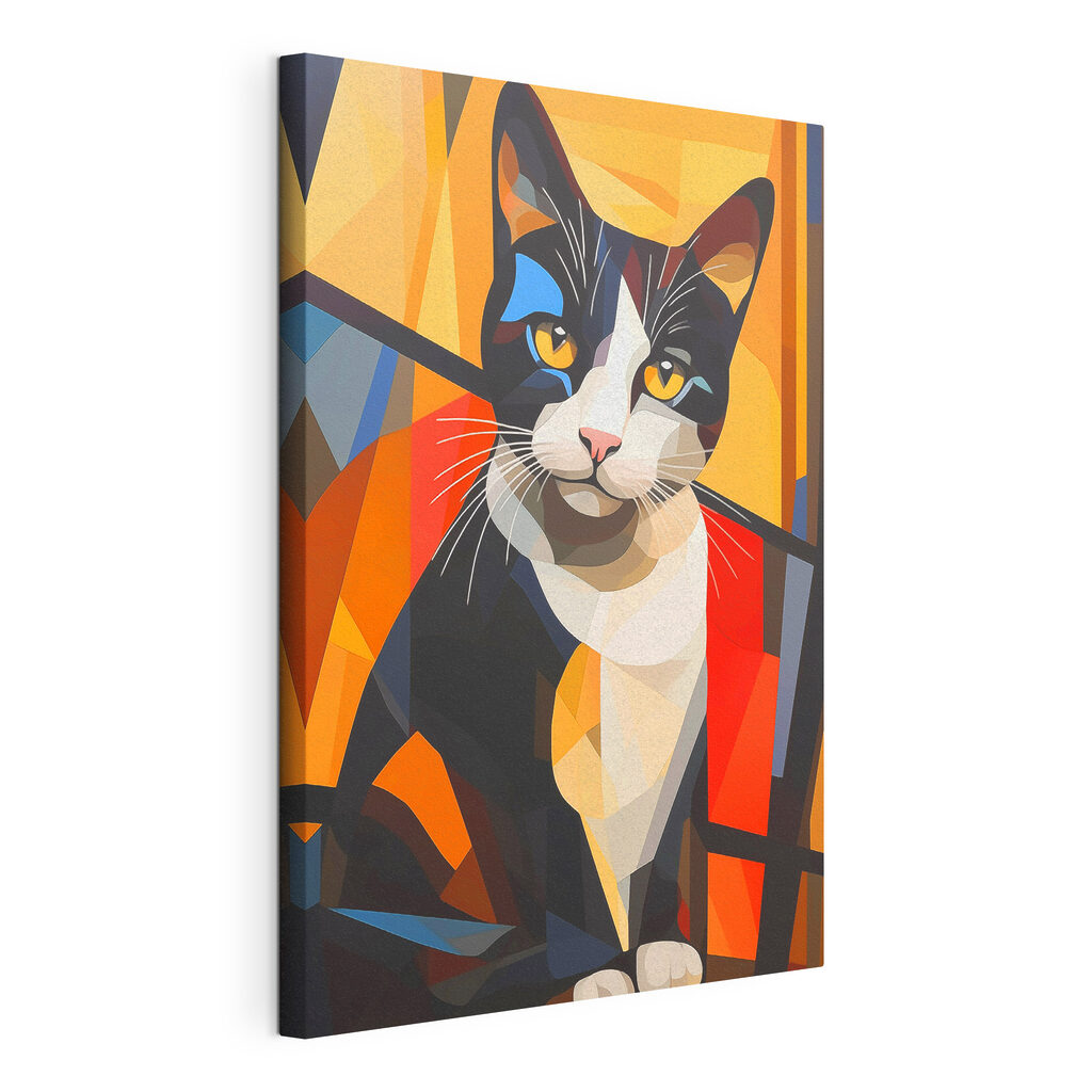Gato multicolor en planos, lienzo tensado con el borde envolvente