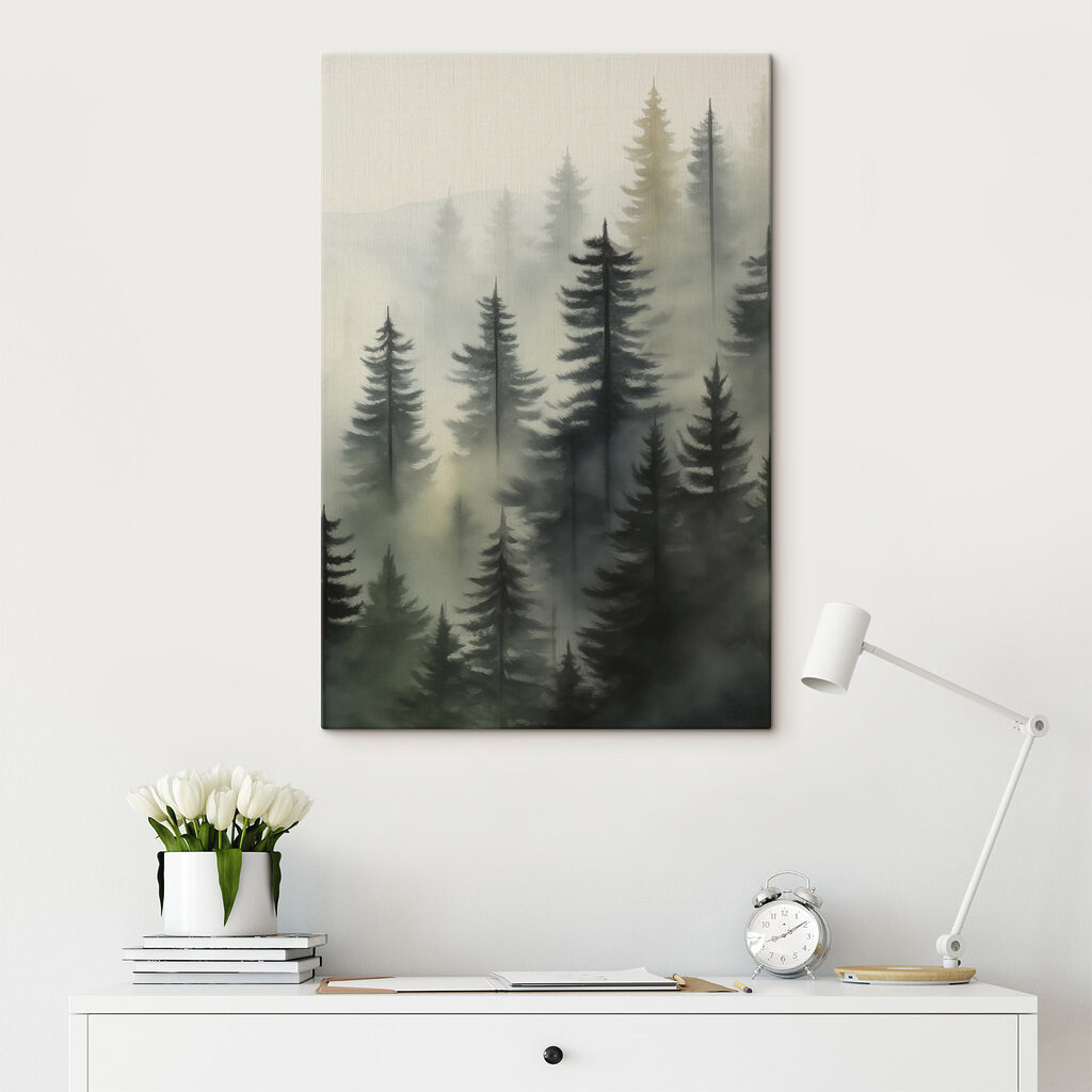 Pinos en neblina gris en un interior