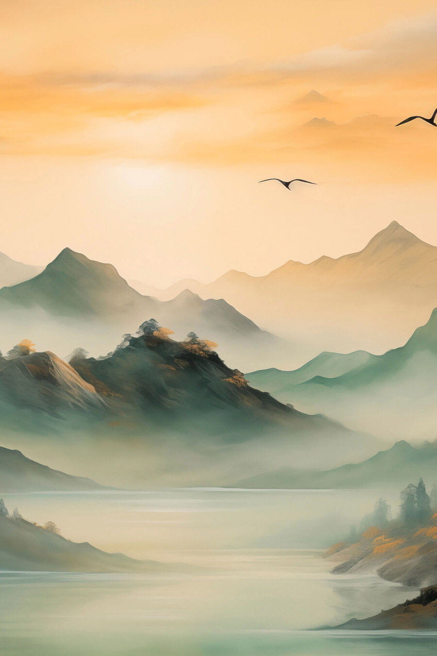 Pájaros sobre valles verdes — diseño completo