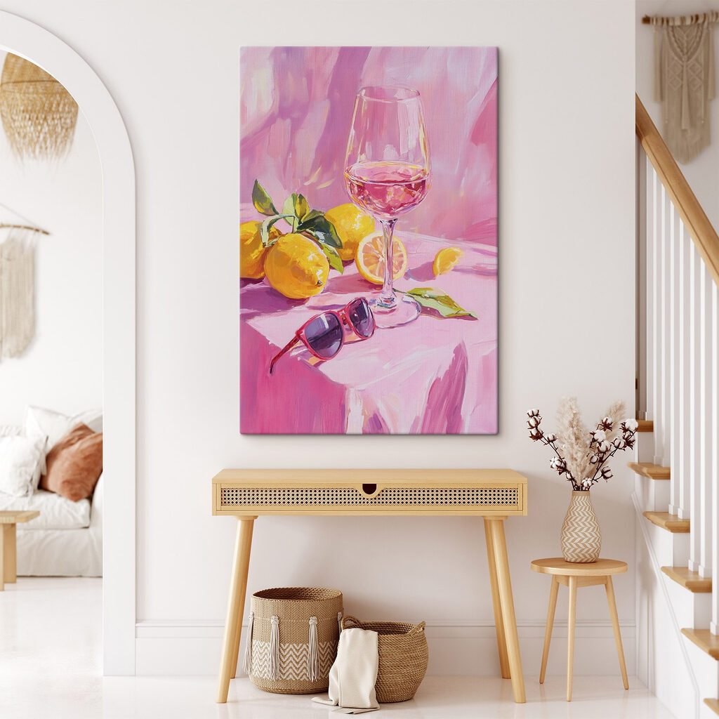 Vino rosa con limones en un interior