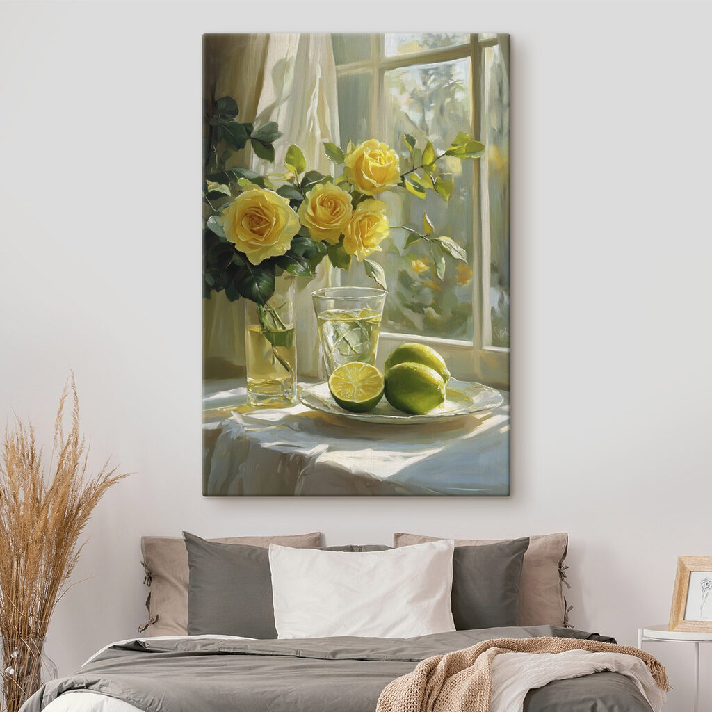 Rosas amarillas con limas en un interior