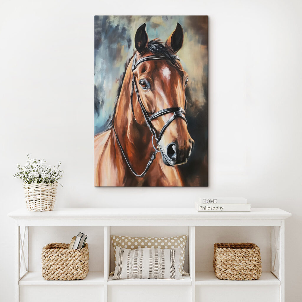 Caballo marrón con brida en un interior