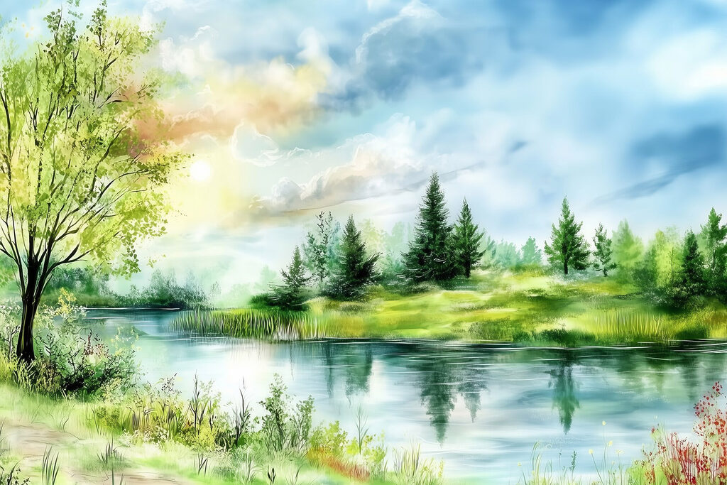 Orilla verde con nubes — diseño completo