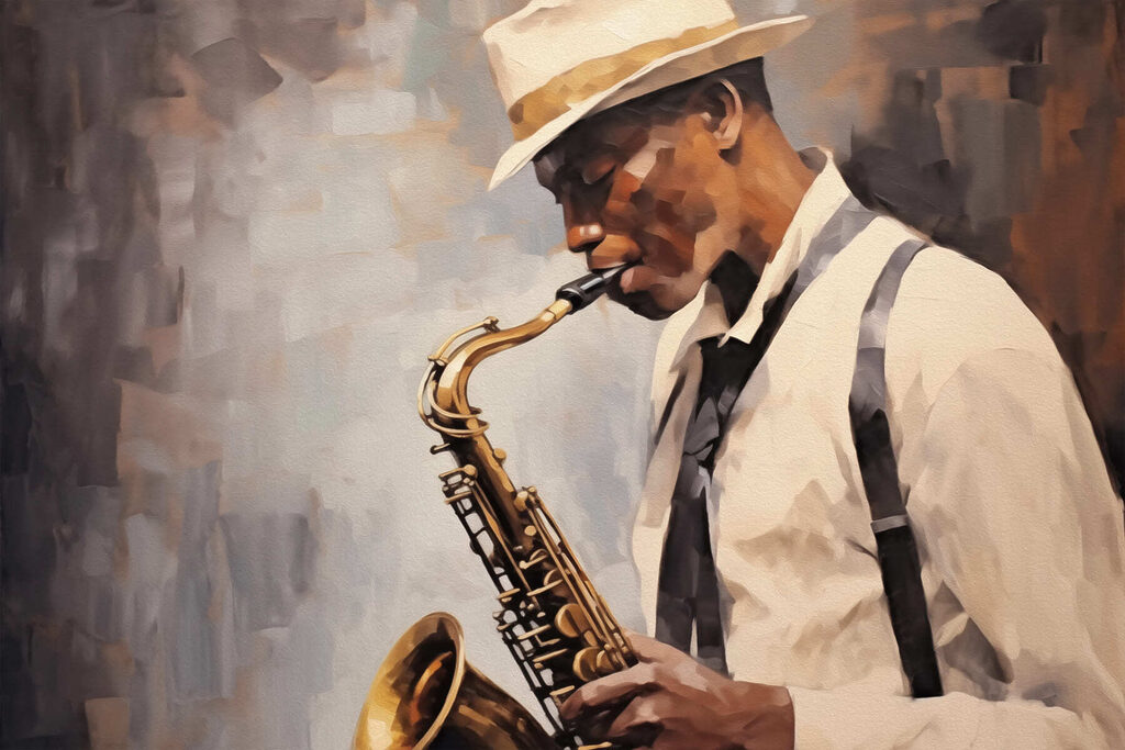 Saxofonista con sombrero claro — diseño completo