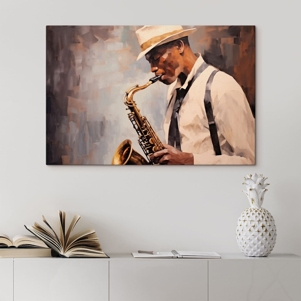 Saxofonista con sombrero claro — interior 1