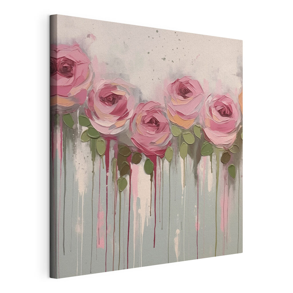Rosas sobre gotas, lienzo tensado con el borde envolvente
