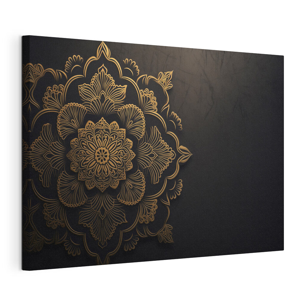 Mandala dorada sobre negro, lienzo tensado con el borde envolvente