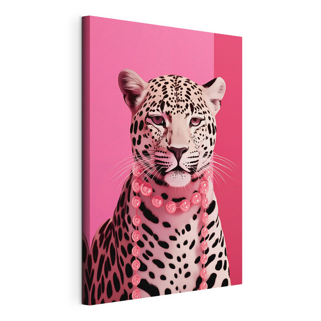 Leopardo sobre rosa, lienzo tensado con el borde envolvente