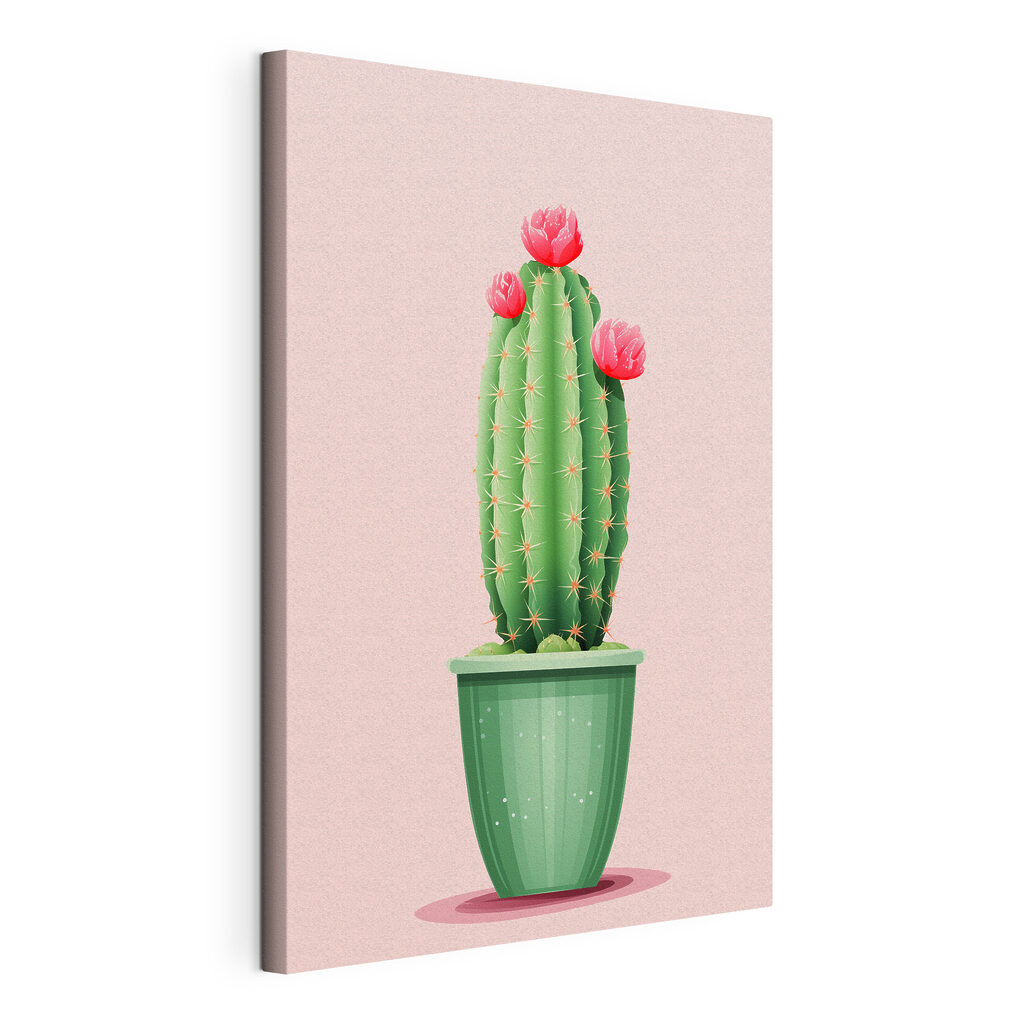 Cactus verde sobre rosa, lienzo tensado con el borde envolvente