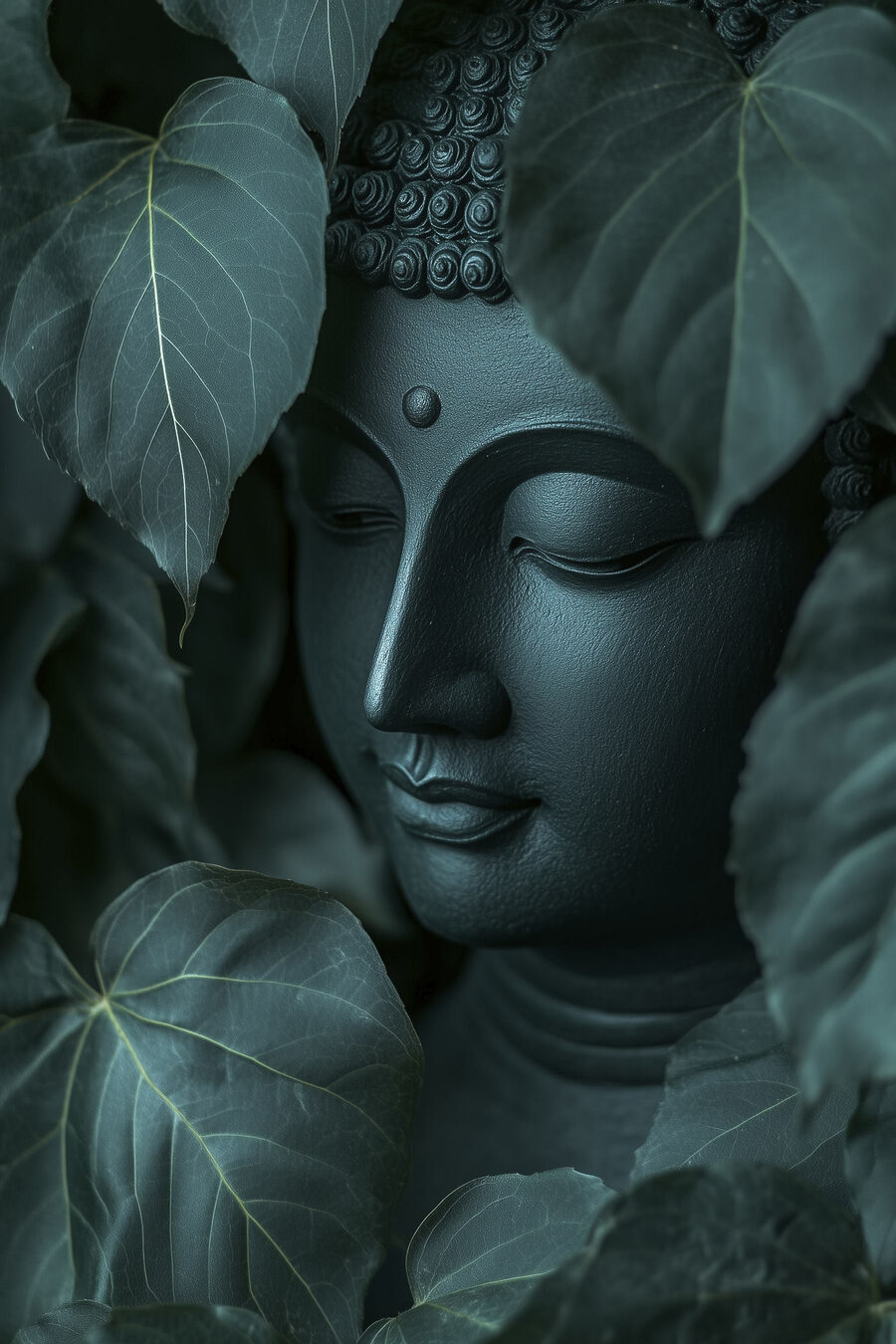 Buda tras hojas grandes — diseño completo