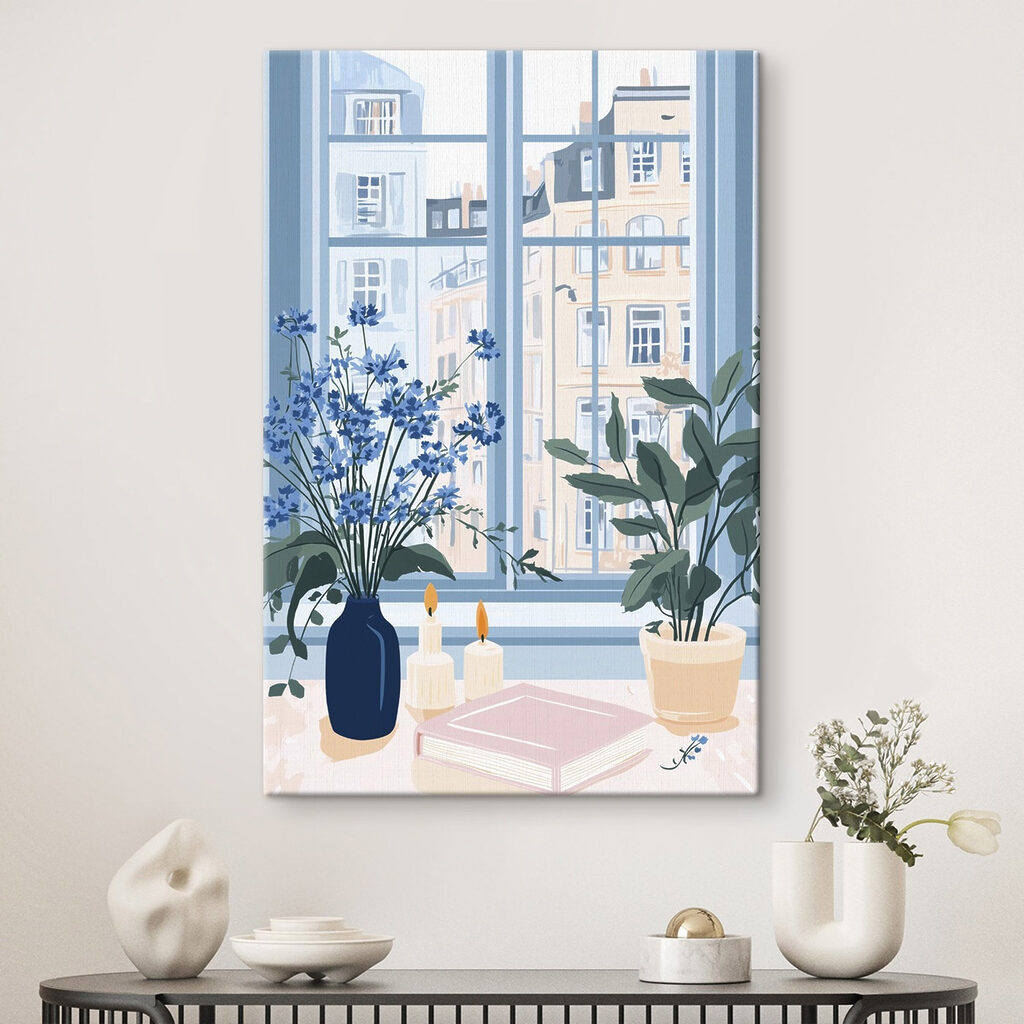 Flores azules al cristal — interior 1