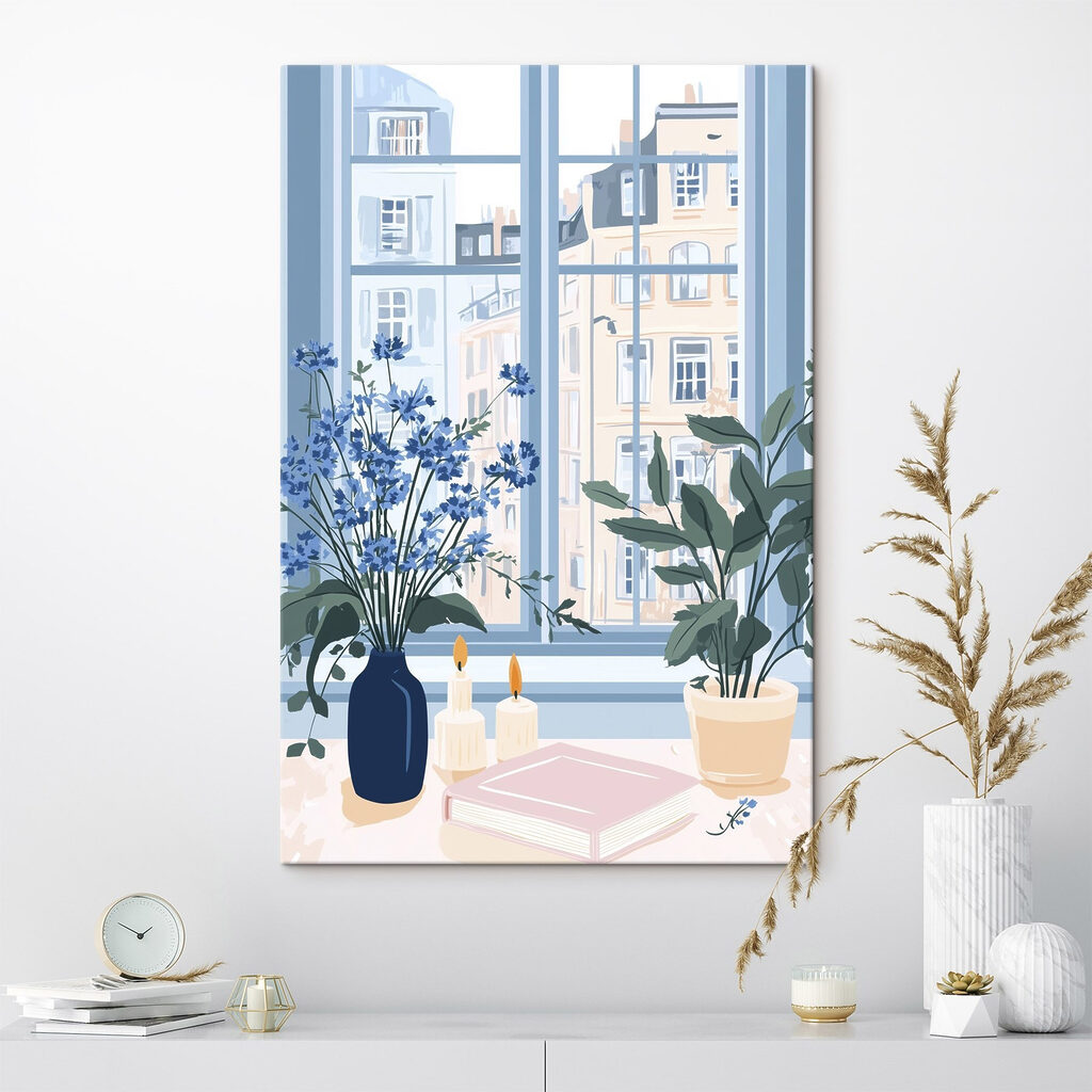 Flores azules al cristal — interior 2