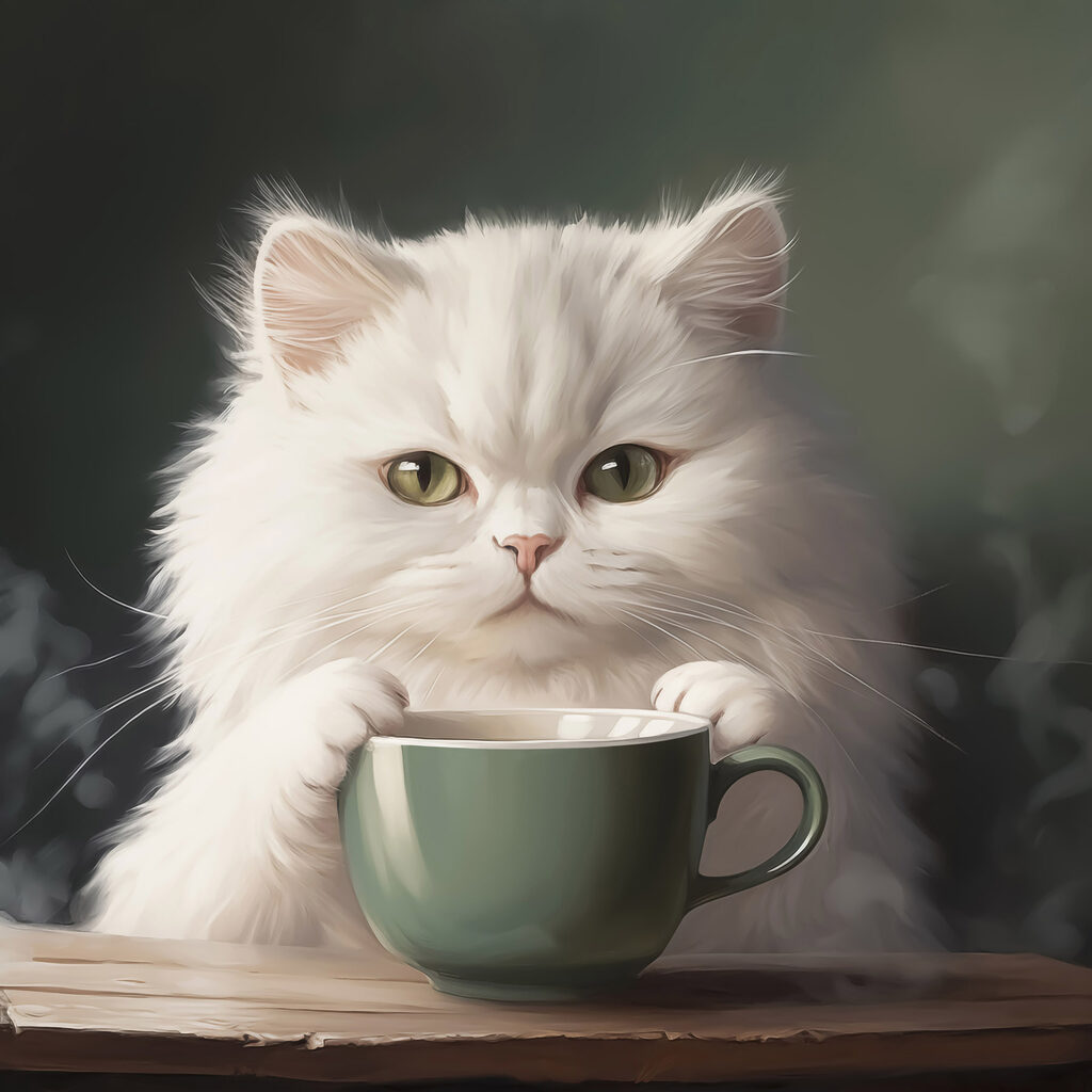 Gato blanco con taza — diseño completo