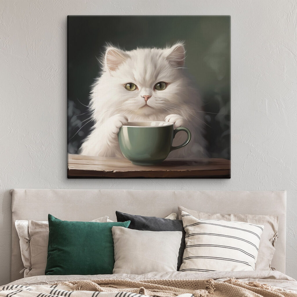 Gato blanco con taza — interior 2