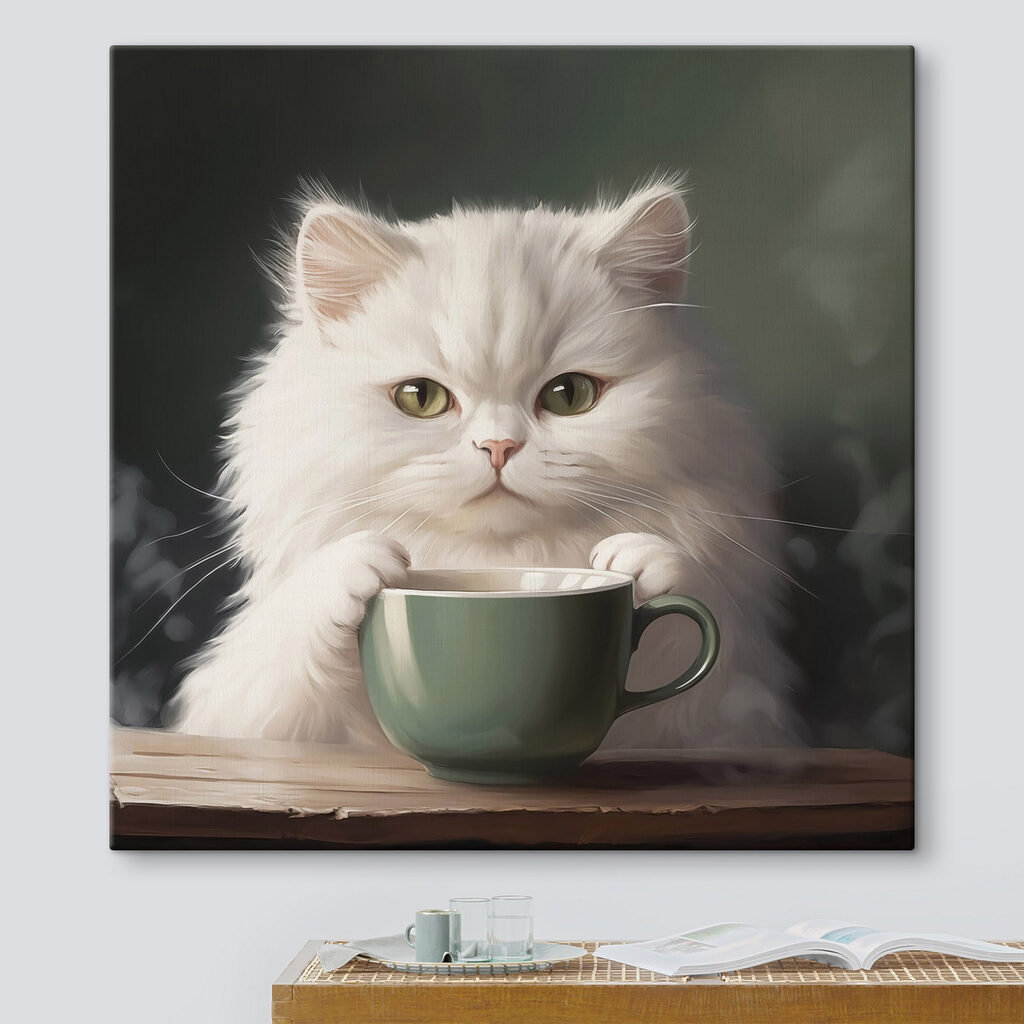 Gato blanco con taza — interior 1