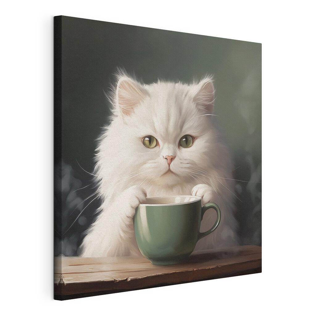 Gato blanco con taza, lienzo tensado con el borde envolvente