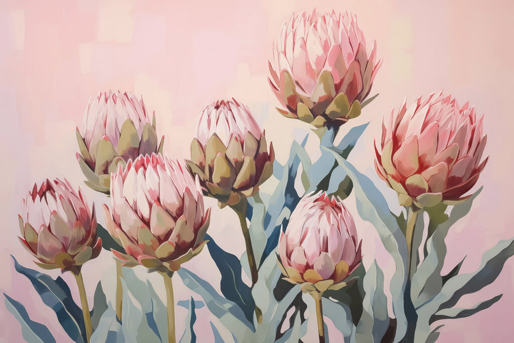 Protea rosa sobre pastel — diseño completo