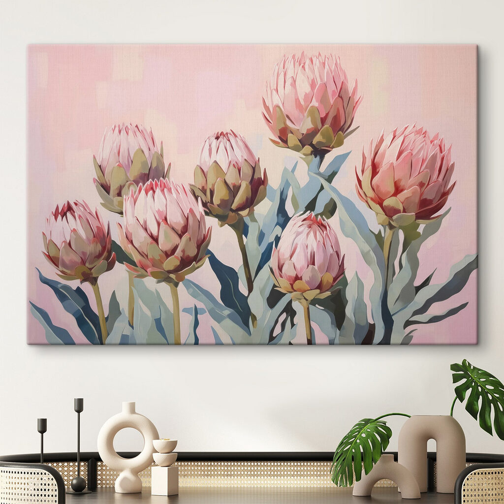 Protea rosa sobre pastel — interior 1