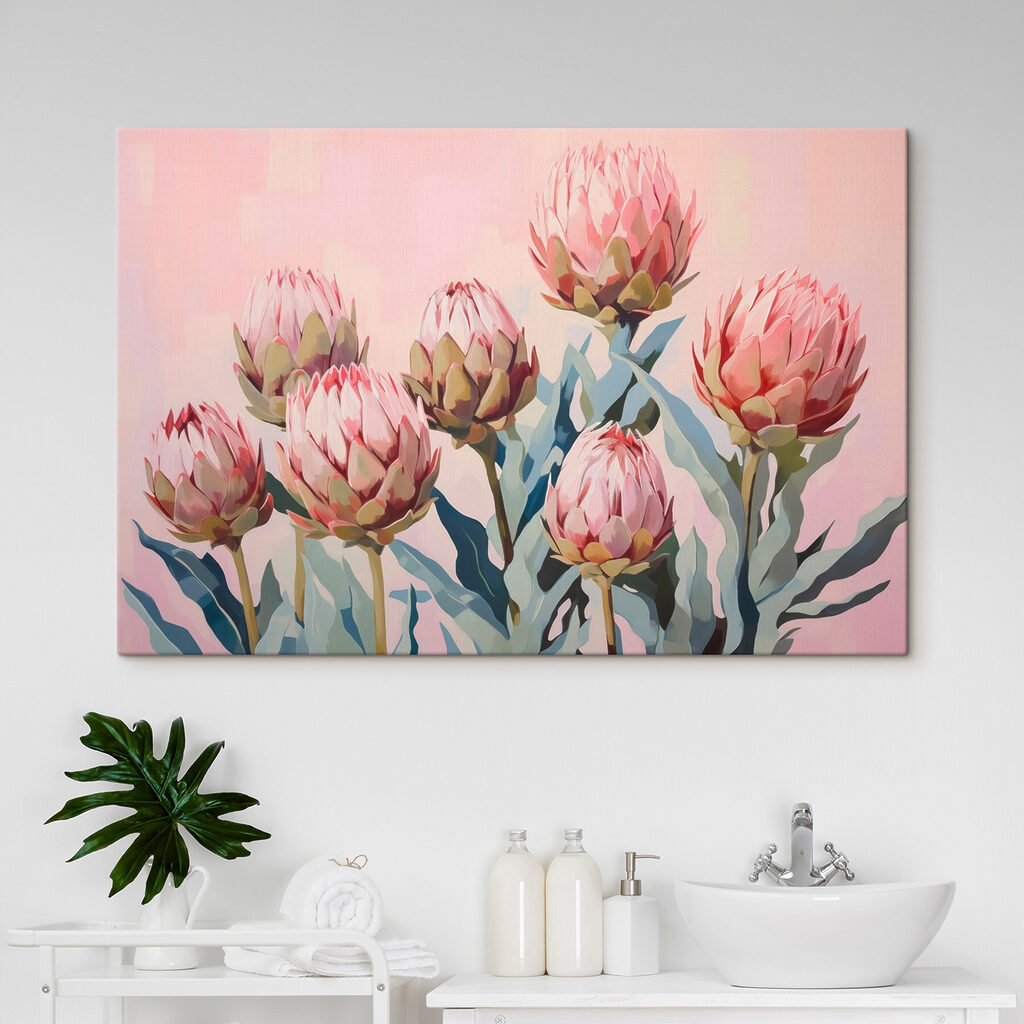 Protea rosa sobre pastel — interior 2