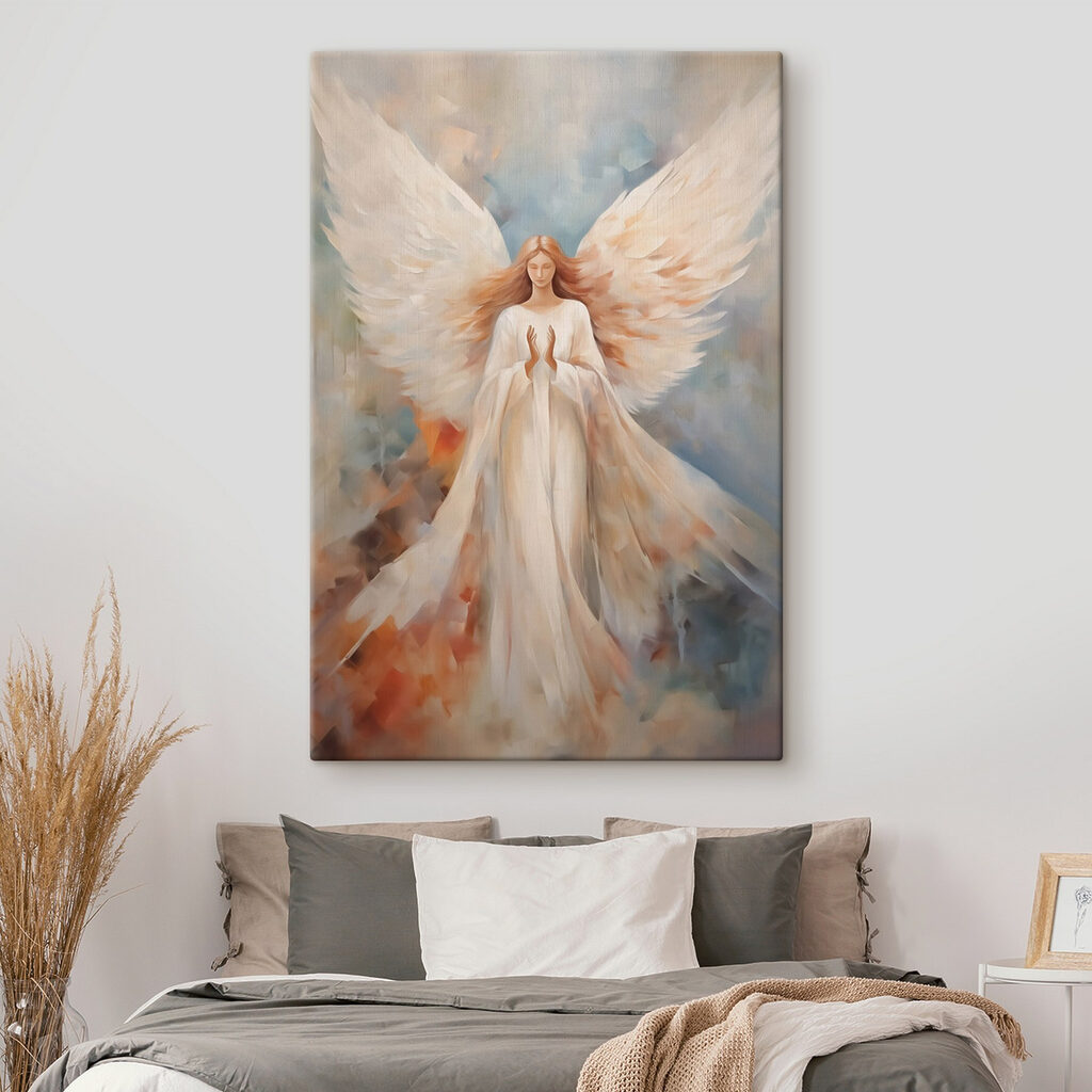 Ángel entre trazos azules en un interior